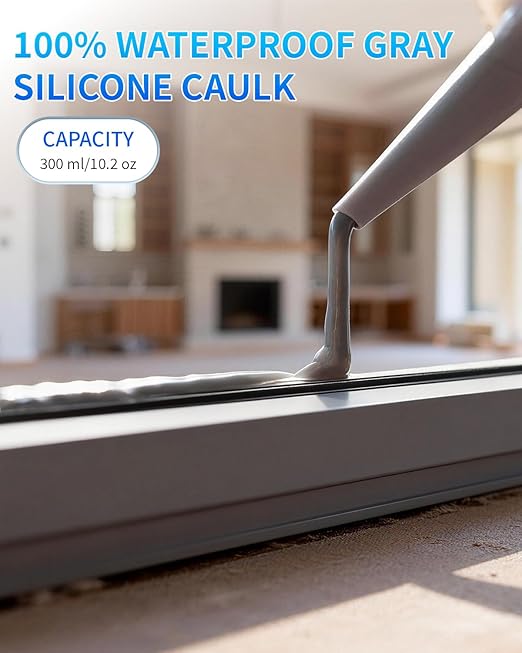 Silicone Caulk & Sealant Gray, 100% Waterproof Silicone Sealant, Shrink & Crack Proof, Silicone Caulking for Kitchen, Bathroom, RV, Interior & Exterior Use, 10.2 FL. OZ/300ML, 4 Pack