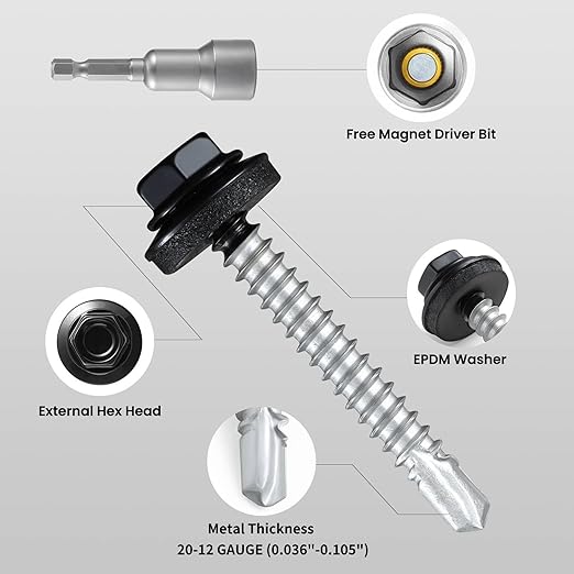 #10 x 1 in Self-Drilling Metal Roofing Screws,Sheet Metal Roof Screw,EPDM Washer,Black Hex Head,with Hex Driver Bit(2LBs,199Pcs)