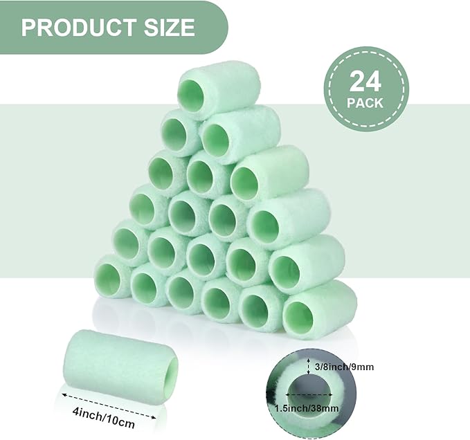 Gisafai 24 Pcs Paint Roller Covers Paint Rollers for Painting Walls Roller Paint Brush 3/8 Inch Nap Microfiber Roller Naps House Painting Supplies Paint Roller Kit for Walls Ceilings (Green,4 Inch)