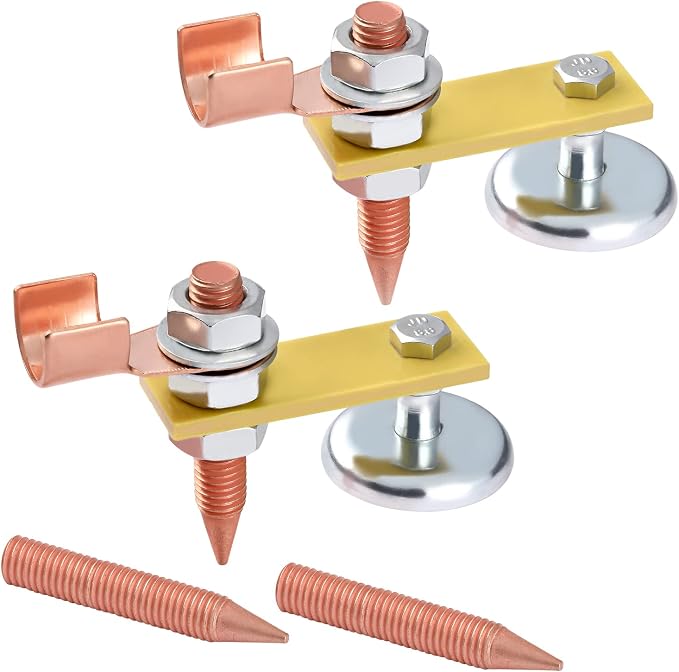 2 Pack Magnetic Welding Support Ground Clamp Tools with 2 Conductive Rods, Welding Magnet Head Strong Magnetism Large Suction, Copper Tail Welding Accessories Stability Clamps