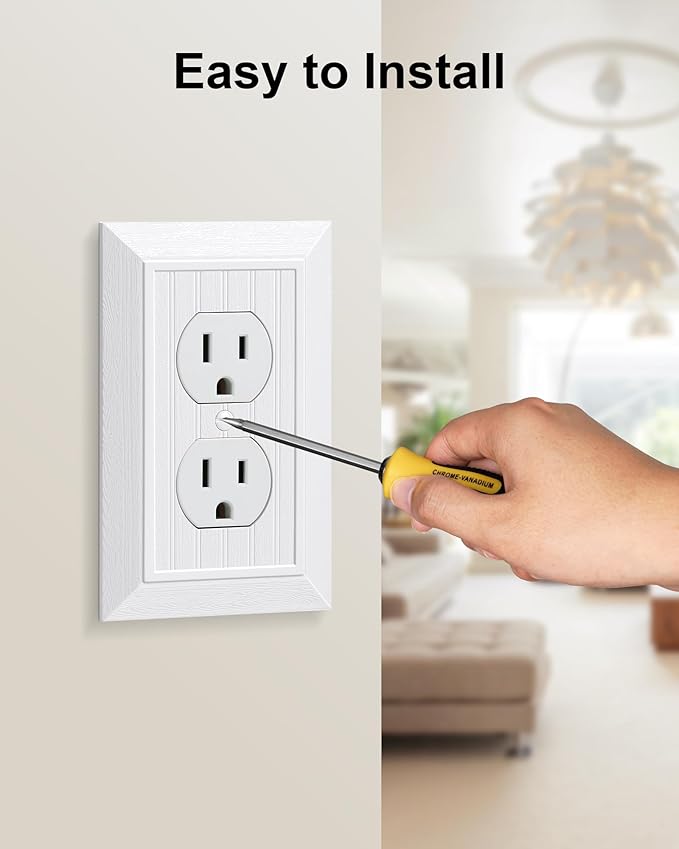 6-Pack Classic Beadboard Duplex Outlet Cover Plate, Decorative Unbreakable Polycarbonate Switch Plates and Outlet Covers, Pure White Wall Plates for Electrical Outlets, 1 Gang Receptacle Cover