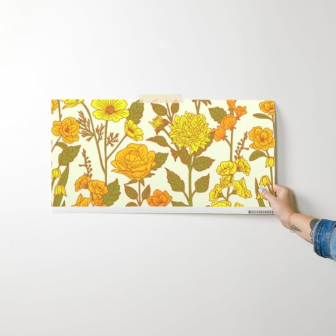 Spoonflower Retro Floral Yellow Pre-Pasted Removable Wallpaper | Sample 12" x 24" | Orange Green 1970S Flowers Botanical | Self-adhesive, removable and renter-friendly