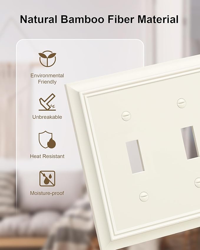 2-Pack Double Toggle Light Switch Cover Plate, Durable Natural Bamboo Fiber Decorative Switch Plate Covers, Light Almond 2 Gang Wall Plate, Corrosion Resistant