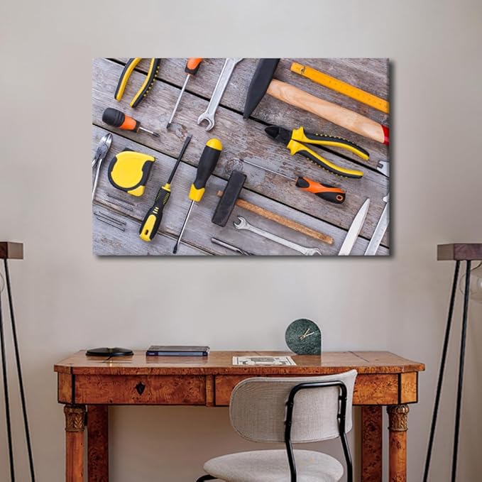 Large Wall Art for Living Room Wrench Tape Measure Tape Glove Picture Various Tools for Working in the Workshop Poster Canvas Supermarket Hotel Tool Room Hardware Store Wall Decor 1pcs (24"Wx36"H)