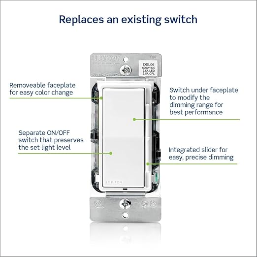 Leviton Decora Slide Dimmer Switch for Dimmable LED, Halogen and Incandescent Bulbs, DSL06-1LZ, White with Ivory and Light Almond Faceplates