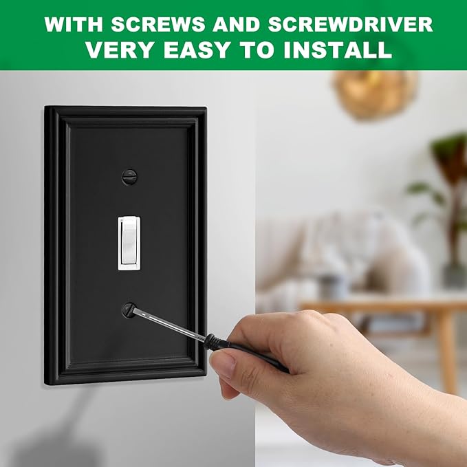 Black Modern Decorative Wall Plate Light Switch Cover Decorator Outlet Covers Rocker Switch Plates Bamboo Fiber Material Wall Plates for Kitchen Bathroom (1 Gang Single Toggle-4 Pack)