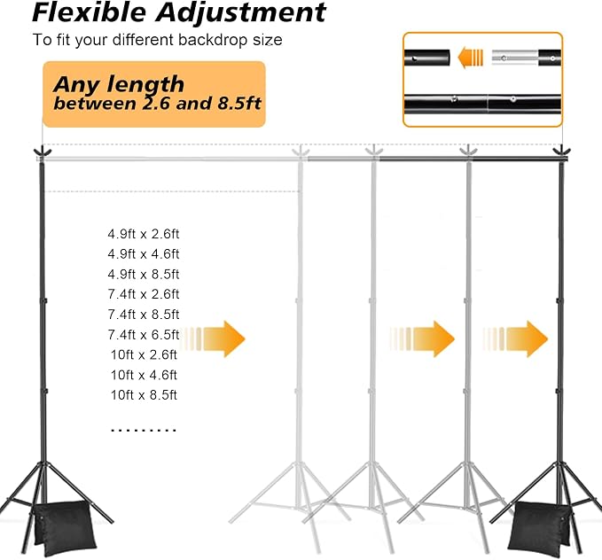 Backdrop Stand, Photo Video Studio 8.5 x10ft Adjustable Background Support System Kit with 2 Sandbag, 6 Backdrop Spring Clamp and Carry Bag for Photoshoot, Parties, Baby Shower, Birthday, Wedding