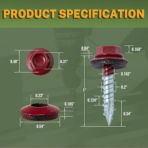 LIONMAX Metal Roofing Screws #10 x 1 Inch, 300-PCS, Dark Red Painted Hex Head Sheet Metal Roof Screws, Rubber Washer, Sharp Point, Metal to Wood Siding Screws, Hex Socket Included