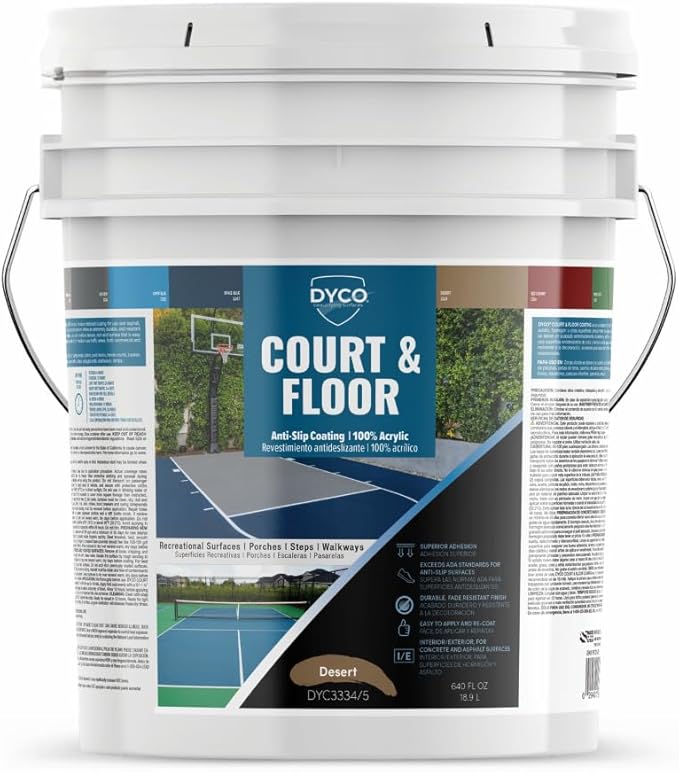 DYCO Court & Floor Anti-Slip Coating - Slip-Resistant Pavement, Cement & Concrete Paint for Pickleball, Tennis & Basketball Courts, Exceeds ADA Standards for Safety Areas (Desert, 5 Gallons)