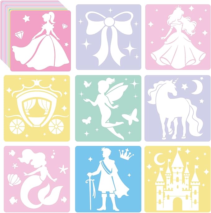 36Pcs Princess Drawing Stencils for Kids 8 Inch Reusable Fairy Sidewalk Chalk Stencil Large Fairytale Castle Stencils Princess Theme Primary Shape Template for Kids Toddlers Drawing Wall Home