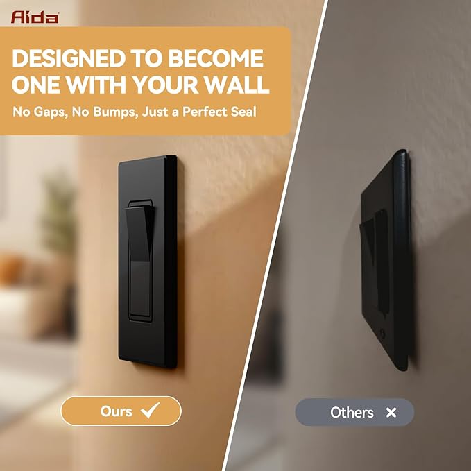 AIDA 1-Gang Screwless Light Switch Cover Plate, Standard Decorative Outlet Covers - Matte Black, 100-Pack Unbreakable Polycarbonate Wall Plates for Decorator Device, UL Listed, 4.5" H x 2.75" L