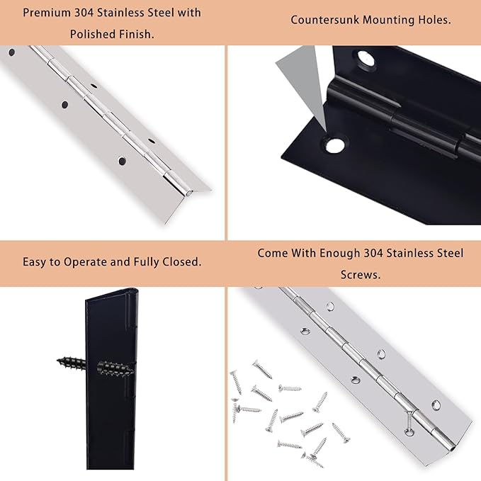 2PCS Heavy Duty Piano Hinge 24 Inch x 1.2 Inch Open Width Stainless Steel Black Continuous Hinge for Cabinet, Door, DIY Wood Boxes, 0.047" Leaf Thickness