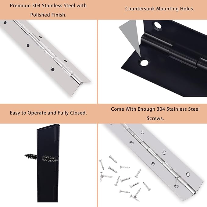 Heavy Duty Piano Hinge 36 Inch Long x 1.2 Inch Open Width Stainless Steel Black Continuous Hinge for Cabinet, Door, DIY Wood Boxes, 0.047" Leaf Thickness