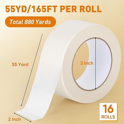 NEOACT 16 Pack Masking Tape 2 Inch Wide, Beige White Masking Tape Bulk General Purpose Tape for Arts, Craft, Painting, Office, School, Home, 55 Yards x 16 Rolls (880 Yards Total)