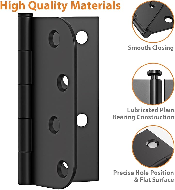 18 Pack Matte Black 4 Inch Door Hinges, Heavy Duty Residential Hinges for Front & Back Doors, Square & 5/8" Radius Corners, Quiet No Squeak, Removable Pin Exterior Hinges