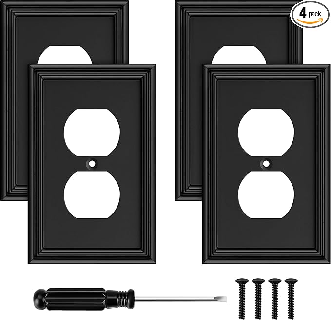 Black Modern Decorative Outlet Covers Wall Plate Electrical Switch Plates and Receptacle Outlet Covers Bamboo Fiber Material Wall Plates for Kitchen Bathroom (1 Gang Duplex Outlet-4 Pack)