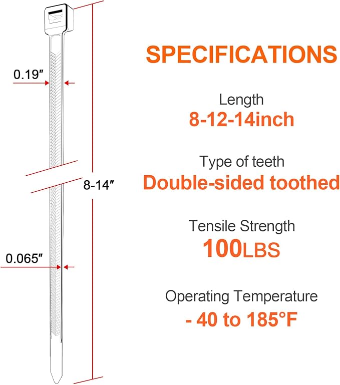 Zip Ties Assorted Size,8+12+14 Inch V-Shaped Toothed Double Sided Toothed,100 LBS Tensile Strength Heavy Duty Cable Wire Ties More Durable Nylon Tie Wraps for Indoor Outdoor（1000 Pack）