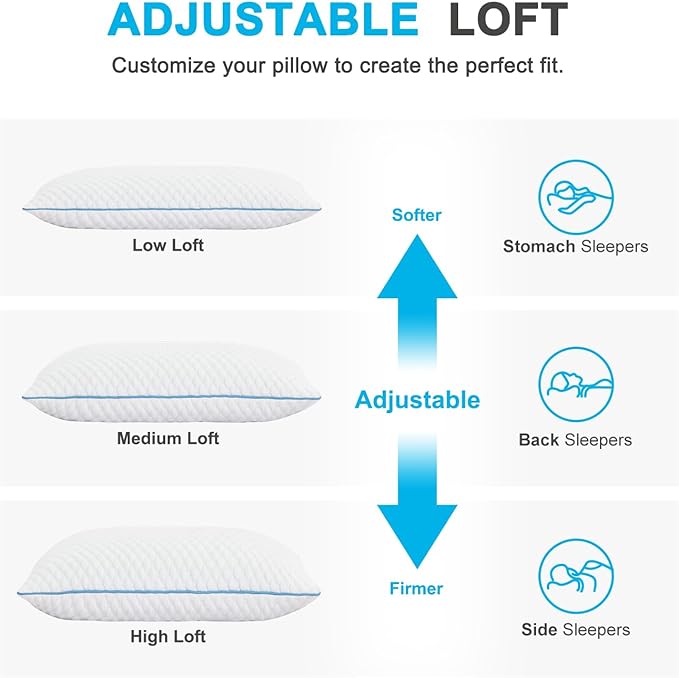 VVZ Cooling Bed Pillows Standard Size Set of 2,Shredded Memory Foam Pillows with Gel, Adjustable Firmness for Side, Back, Stomach Sleepers, 20x26, White