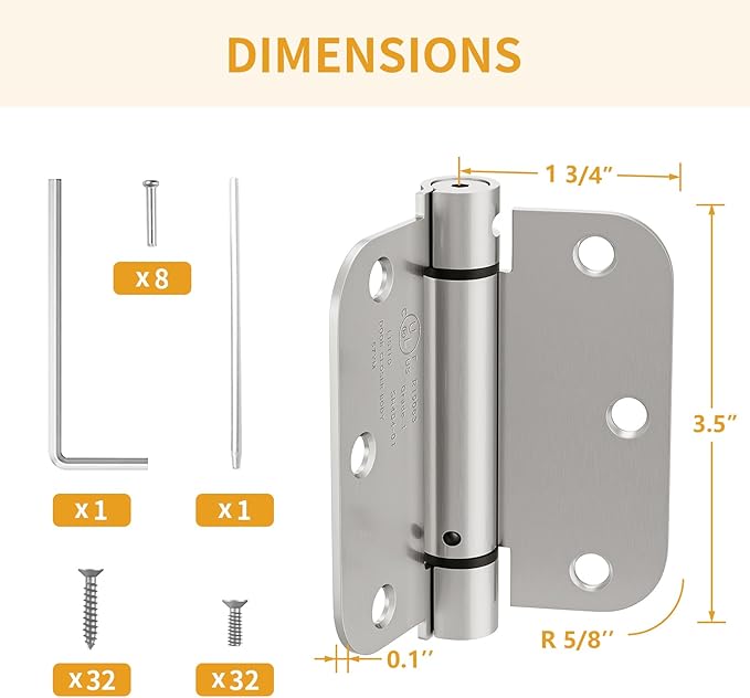 Luxbaro 4 Pack Self Closing Door Hinges, 3.5 Inch Spring Loaded Hinges with 5/8'' Radius Corners, Adjustable Tension for Garage, Front Door, Back Door, for Left and Right Hand Door, UL Listed