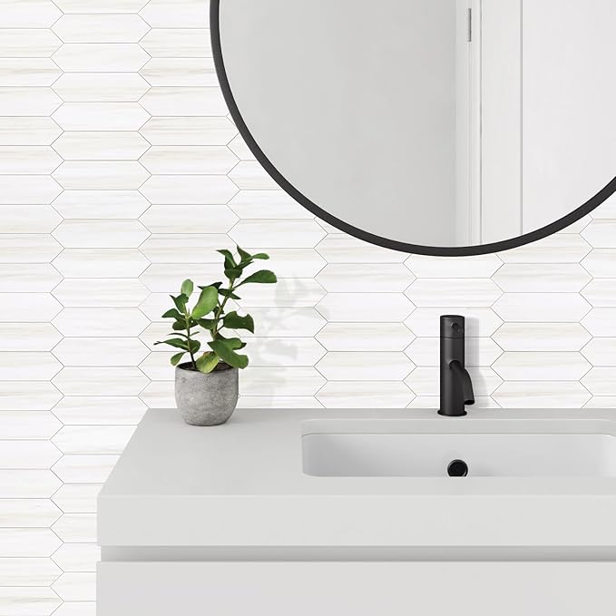 Vamos Tile 1 Sheet Glossy Dolomite White Backsplash Tile Peel and Stick, 12.8 x 12.8 Inch Long Hexagon PVC Self Adhesive Mosaic Wall Tiles Stick on Backsplash for Kitchen and Bathroom