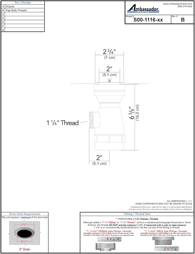 Ambassador Marine - 2 inch Drain, Trap Sink Drain, 1-1/4 inch-M Thread, w/Strainer, w/Chain Stopper - Brushed Finish - S00-1116-BP-W