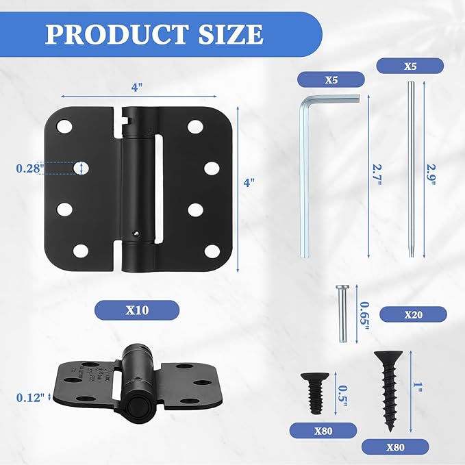Yaocom 10 Pack Self Closing Door Hinge 4 Inch Spring Loaded Hinges with 5/8'' Radius Corners Automatic Door Closer Hinge Adjustable Tension for Garage, Residential(Black)
