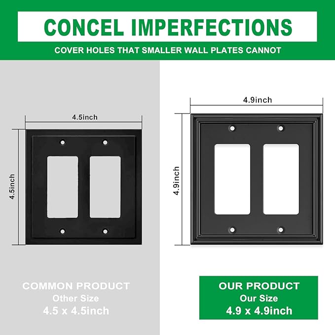 Black Modern Decorative Wall Plate Light Switch Cover Decorator Outlet Covers Rocker Switch Plates Bamboo Fiber Material Wall Plates for Kitchen Bathroom (2 Gang Double Decorator-2 Pack)