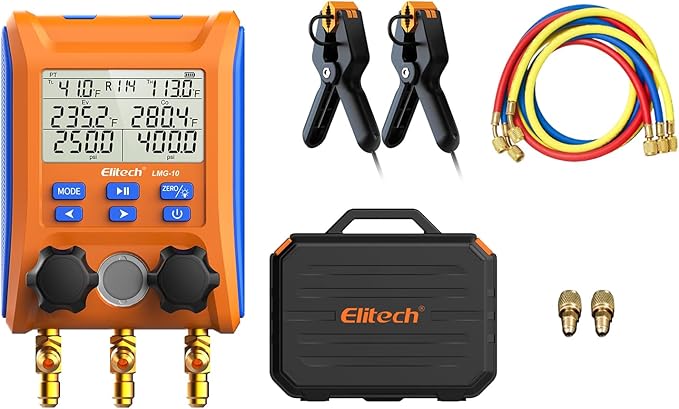 Elitech LMG-10Plus 2-Way Digital Manifold, HVAC Refrigerant Pressure Gauge for Superheat/Subcooling, with Temp Clamps and R410A Adapter, Supports 88 Refrigerants
