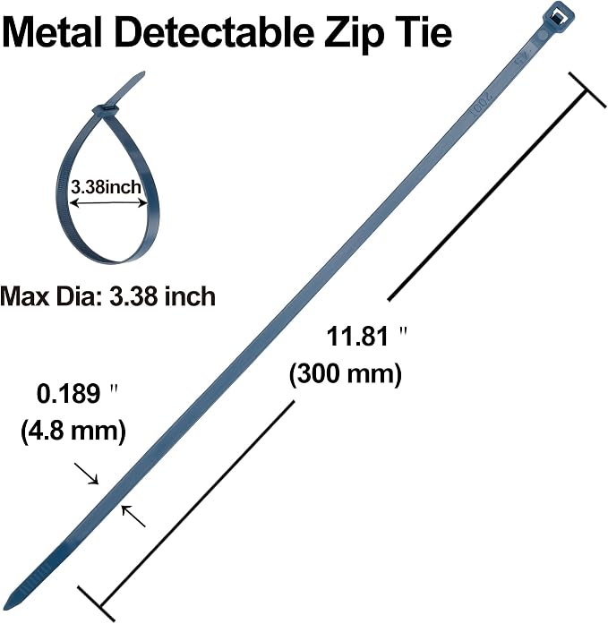 12" Nylon Metal Detectable Cable Ties,for Industrial Commercial Food Safety management(pack of 100 pcs).