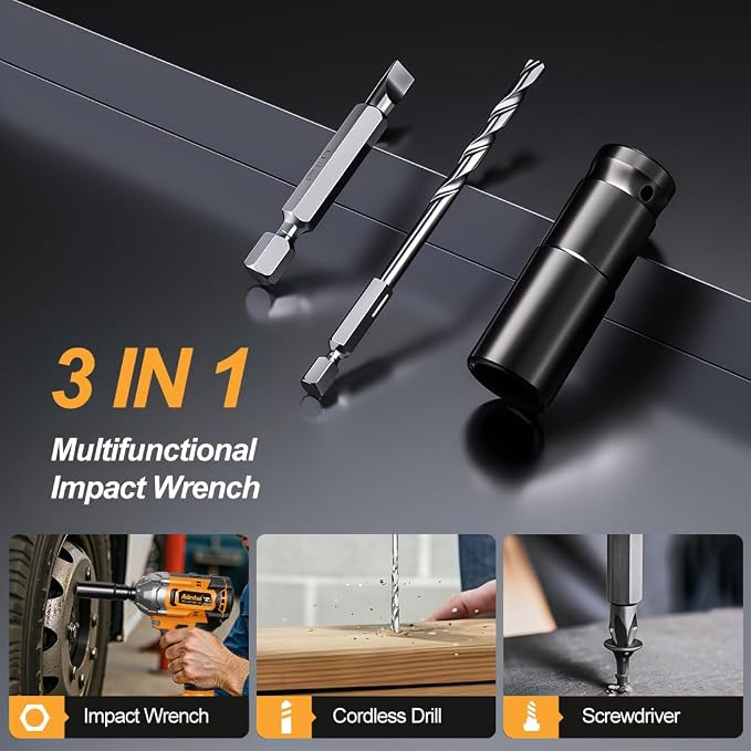 Brushless Impact Wrench 3-in-1 500N.m(369Ft-lbs) Torque Wrench 1/2 Drive with 2x2.0Ah Batteries, 8 Drill Bits, 6 Screwdriver Bits, 4 Sockets, Cordless Impact Gun for automotive Repair and DIY