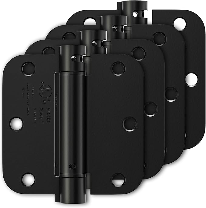Luxbaro 4 Pack Self Closing Door Hinges 3.5 Inch, Matte Black Spring Loaded Hinges with 5/8'' Radius Corners, Adjustable Tension for Garage, Front Door, for Left and Right Hand Door, UL Listed