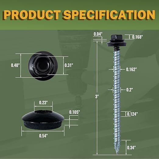 LIONMAX Metal Roofing Screws #10 × 3 Inch, 300-PCS, Black Painted Hex Head Sheet Metal Roof Screws, Rubber Washer, Sharp Point, Metal to Wood Siding Screw, Hex Socket Included