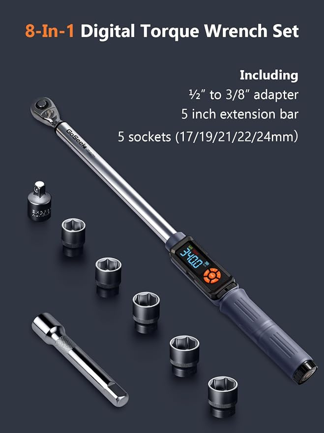 Goseek Upgraded Rechargeable Digital Torque Wrench, 12.5-250.7Ft-lbs/17-340Nm, 1/2'' Drive Electric Torque Wrench Set with Buzzer & LED & Vibration for Car Motor Tires Auto Repair