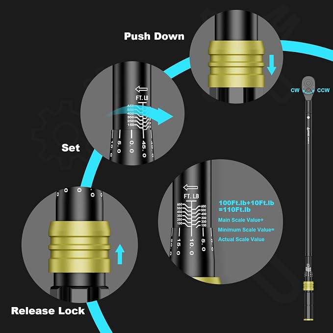 3/4" Click Torque Wrench, 100-650 Ft-Lb/135.5-880.8 Nm, Heavy Duty | ±3% Accuracy, Dual-Direction, 48-Tooth, Quick Release Reversible Head for Semi Truck, Tractor, Diesel Engine, Farm