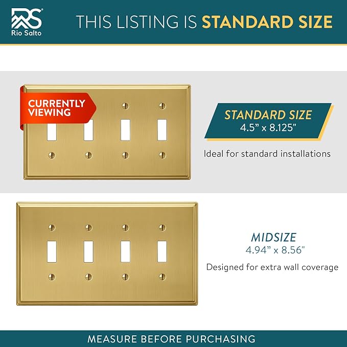 Rio Salto BRASS Deco Collection Standard Size Quad Toggle Gold Light Switch Cover Wall Plate Modern Linear Corrosion Resistant Big Wallplate Covers 4 Gang Brushed Brass Togle Switch 4-Gang (2-Pack)