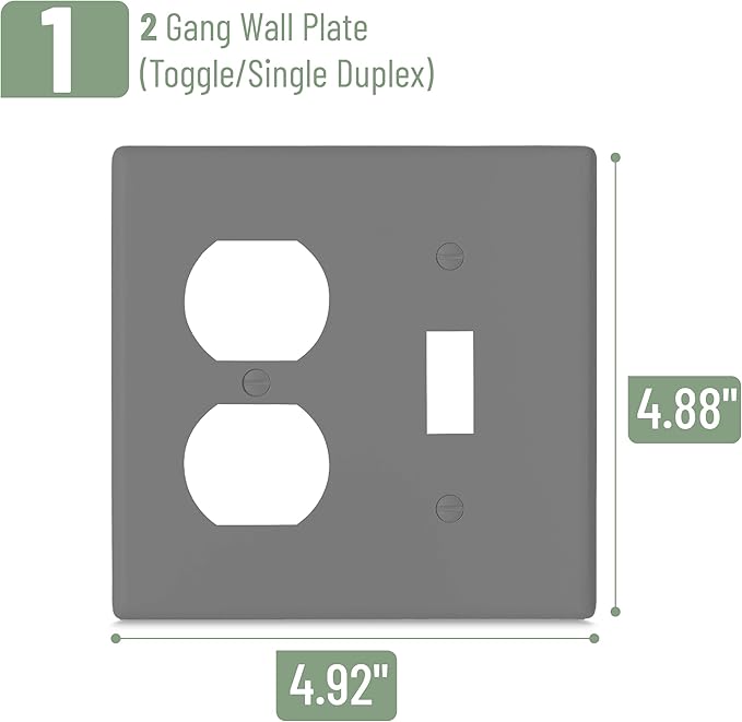 Bates- 2-Gang Combination Wall Plate, 4.88"x 4.92"/Mid-Size, Gray, Toggle Light Switch/Duplex Receptacle Outlet, 2 Gang Wall Plate for Electrical Outlets, Double Outlet Cover Plate