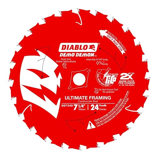 Diablo Demo Demon 7‑¼″ x 24‑Tooth Ultimate Framing & Demolition Saw Blades, 10‑Pack - Lock‑Tooth, Thin Kerf, Long Life - D0724DA | 7-1/4 Dia, 24 Carbide Teeth, 5/8 Arbor, 059 Thin Kerf, Lock-Tooth and Dura-Blend Carbide for Framing and Demolition