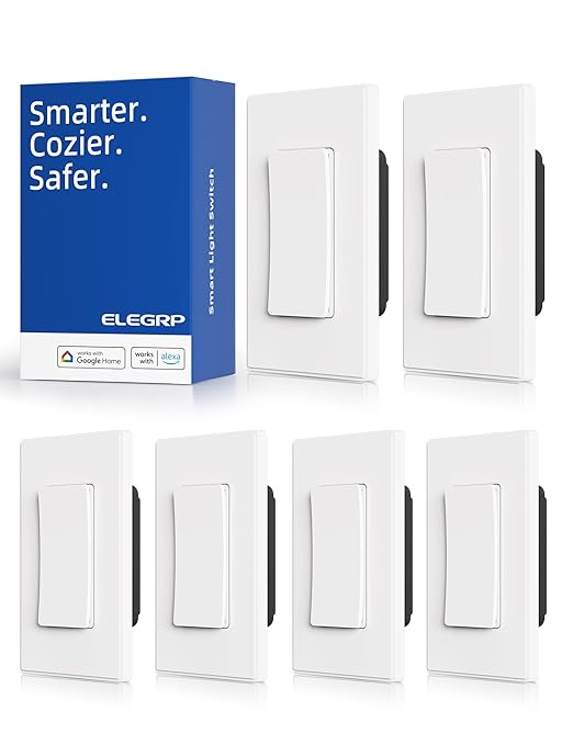 ELEGRP Smart Light Switch, 2.4GHz Wi-Fi Light Switch Compatible with Alexa & Google Assistant, Neutral Wire Required, APP Control and Timer Schedule, UL Certified, Single Pole/3 Way, White, 6 Pack