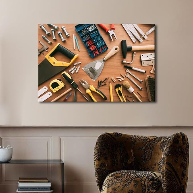 TUMOVO 1 Panels Large Wall Art for Living Room Assorted Woodwork Carpentry or Construction Tools Poster Canvas Supermarket Hotel Tool Room Hardware Store Wall Decor Ready to Hang (24" Wx36 H)