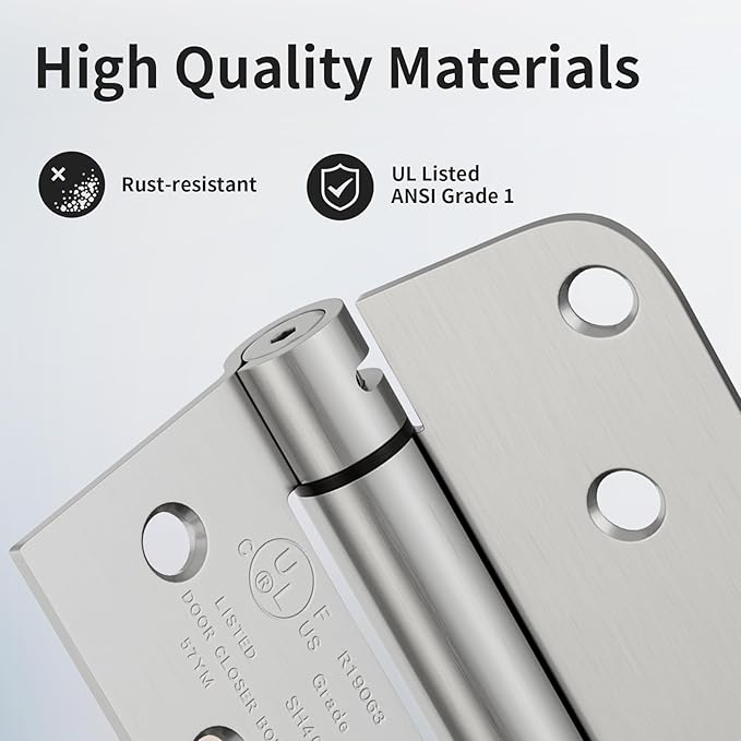 2 Pack Self Closing Door Hinges, 4 Inch Spring Loaded Door Hinges with Square & 5/8'' Radius Corners, Adjustable Tension for Garage, Front, Back Door, UL Listed, Left and Right Hand