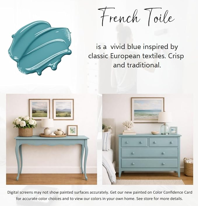 ALL-IN-ONE Paint by Heirloom Traditions, French Toile (Vivid Blue), Quart - Durable cabinet and furniture paint. Built in primer and top coat, no sanding needed. Includes our 30 featured color card.