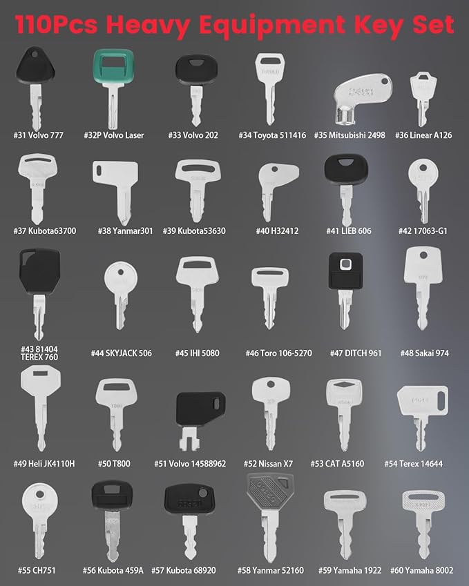 110PCS Non-Duplicate Heavy Equipment Keys Master Set Construction Ignition Key, 2 Sets of 28-Clip Marked Keychains, Operator Keys for cat John Deere Komatsu etc. Fit Excavator Forklift Tractor etc.