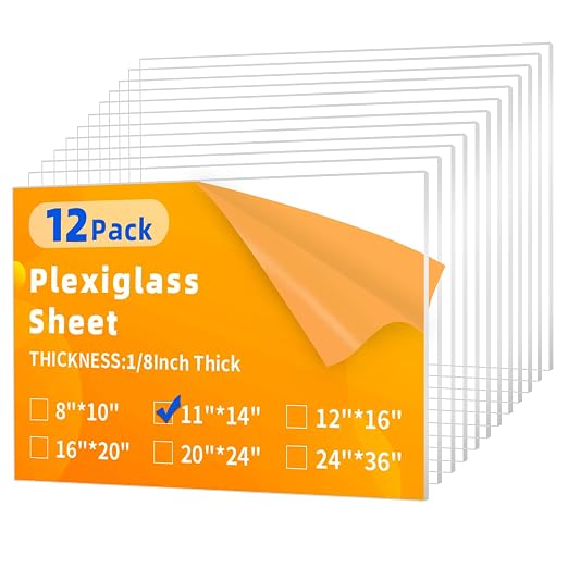 (12 Pack) 1/8”(3mm) Thick Clear Acrylic Sheets, 11X14 Plexiglass Sheets for Craft, Sign Blank, DIY Display Project, Cut with Saw or Hand Tools