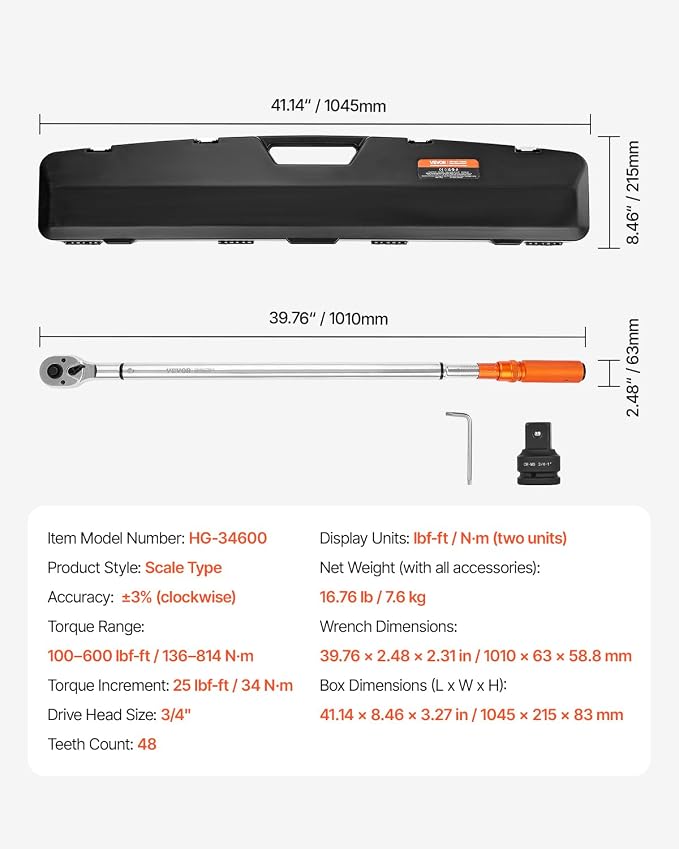 VEVOR 3/4 Inch Drive Click Torque Wrench 100-600 Ft-Lb / 136-814Nm | 1 Inch Adapter, Split Beam, 48" Length, less effort for Off-road Equipment, Trucks, Motor Homes & Drilling Platform