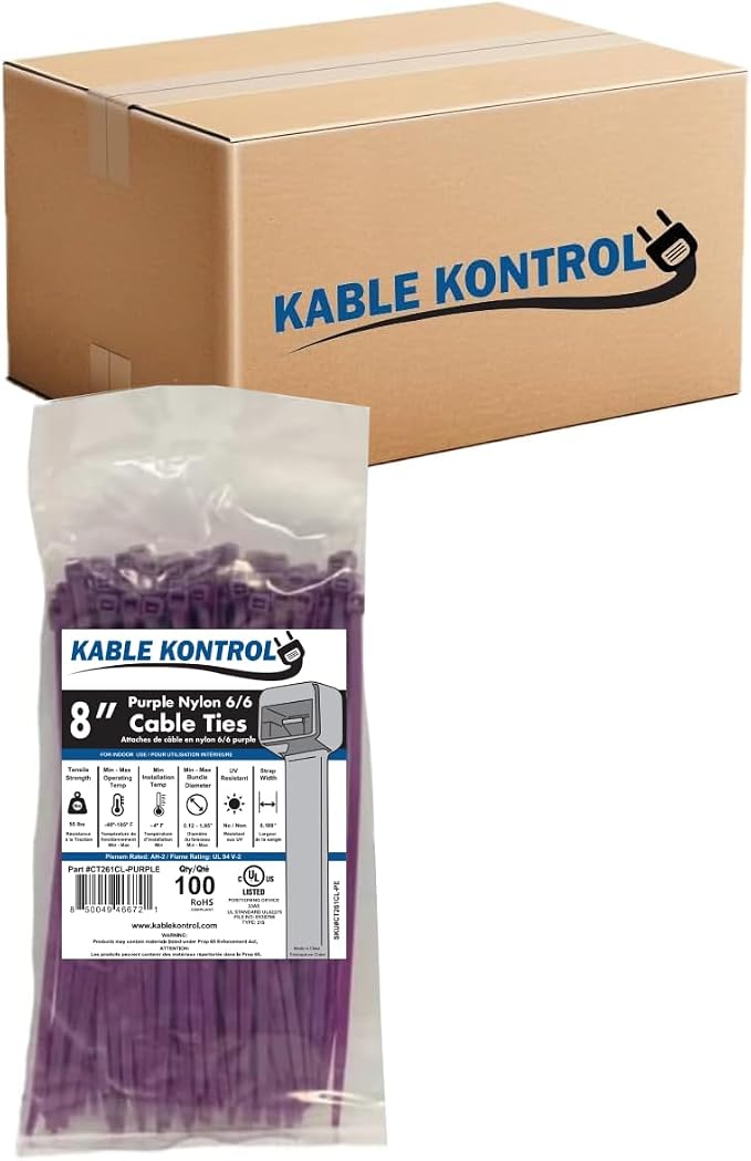 Kable Kontrol Cable Zip Ties, 8 Inch, 10000 Pcs, 50lbs Test, Purple | Nylon Plastic, Self Locking, UL Listed, Indoor Use