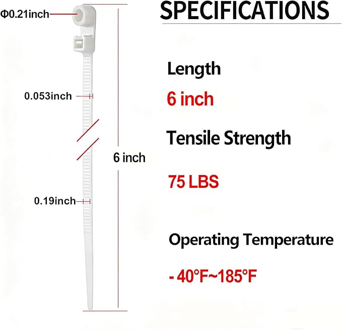 200 PCS 6 inch White Zip Ties with Screw Hole 70lbs Mountable head Cable Ties Straps Multipurpose Heavy Duty Nylon Cable Zip Ties with Screw Mounting Hole