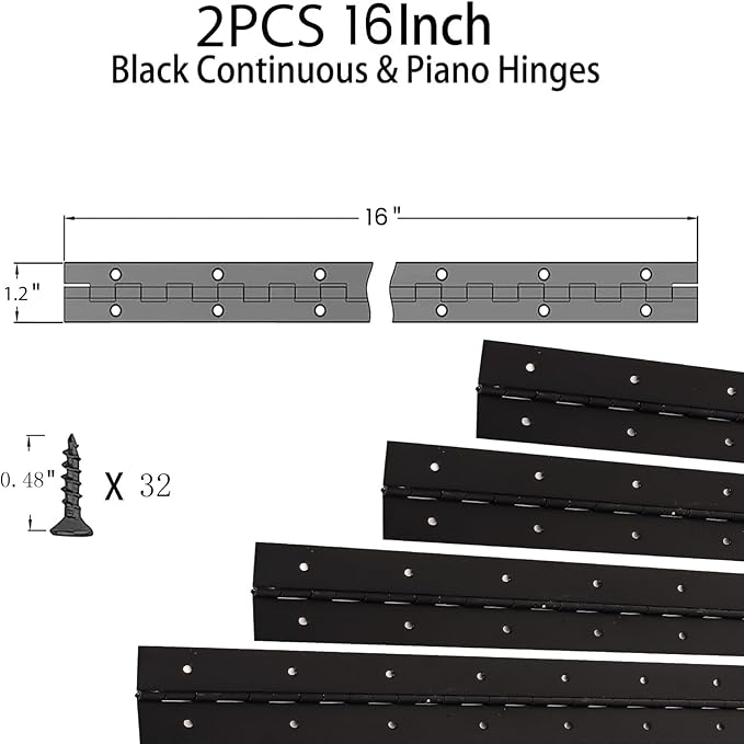 2Pcs 16inch Black Heavy Duty Continuous&Piano Hinges,1.2" Open Width Stainless Steel Piano Hinge with Holes and Screws,Working for Wood Box,Wood Furniture,Piano Cabinets