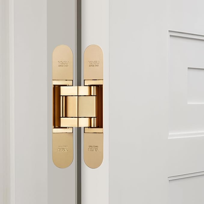 YAGU 3 Way Adjustable Invisible Door Hinge Concealed Hidden 180 Degree Swing Hinge Zinc Alloy Butt Hinge 6.5 * 3.2 * 1.1 Inch, Matte Gold(1 Piece)