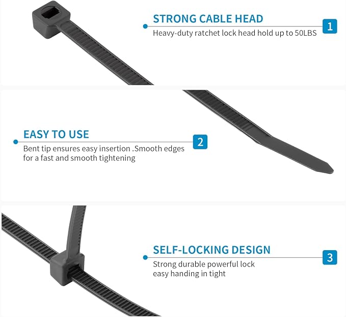 XINGO Black Zip Ties Assorted Size 1500 Pack, 4+6+8+10+12 Inch, Self-Locking UV Resistant Nylon Cable Ties Perfect for Home, Office, Garden and Workshop