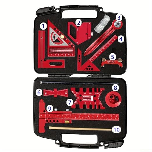 Aluminium Woodwork Measuring and Scribing Tool Set - 9 Piece Precision Kit for Carpentry and DIY Projects with Storage Box(10 Pieces.)
